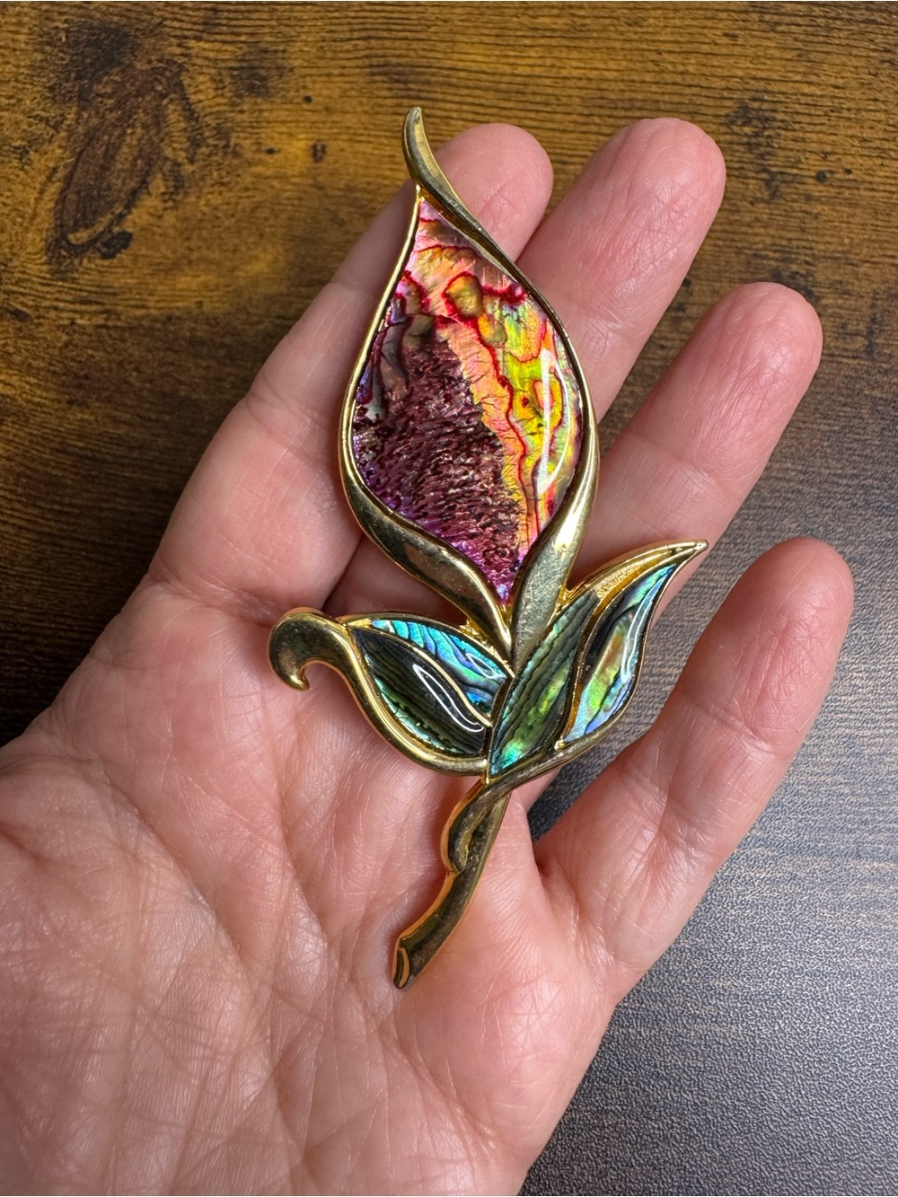 Vintage Gold-Tone Floral Leaf Brooch Iridescent Pink, Green and Blue Shell Inlay